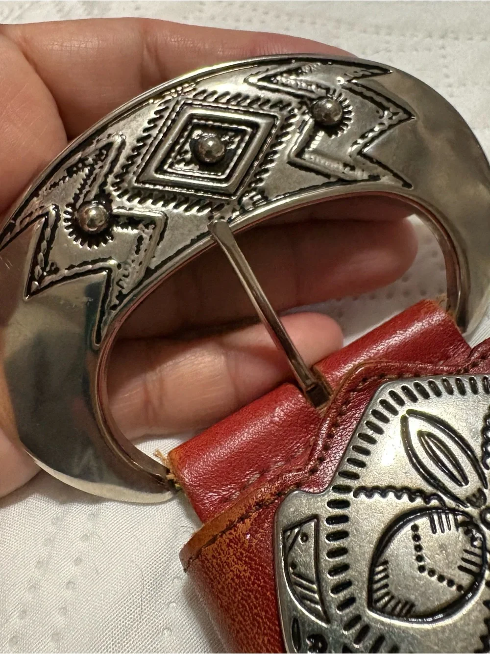 Vintage Woven Leather Belt with Crescent Shaped Silver Buckle